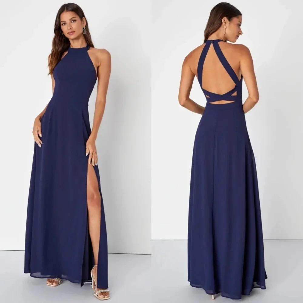 Lulus Confidently Charismatic Navy Blue Backless Halter Maxi Dress S Wedding
